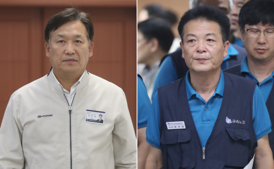 28일 오후 현대자동차 울산공장 본관 아반떼룸에서 올해 임금 및 단체협약 잠정 합의를 마친 하언태 부사장(왼쪽)과 하부영 노조 지부장(오른쪽)이 걸어 나오고 있다. 현대차 노사가 파업 없이 잠정 합의를 한 것은 8년 만이다. [연합뉴스]
